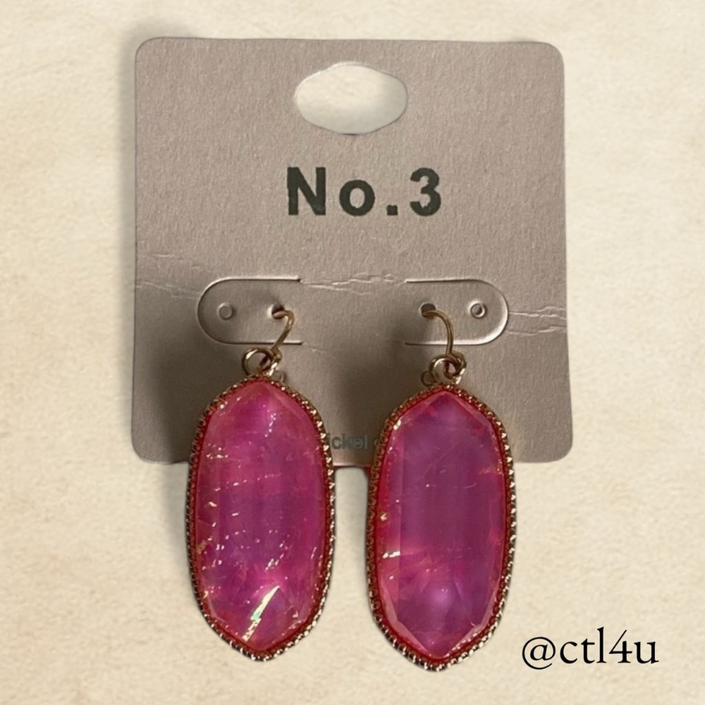 No.3 Pink Faceted Stone Dangle Earrings Gold Tone